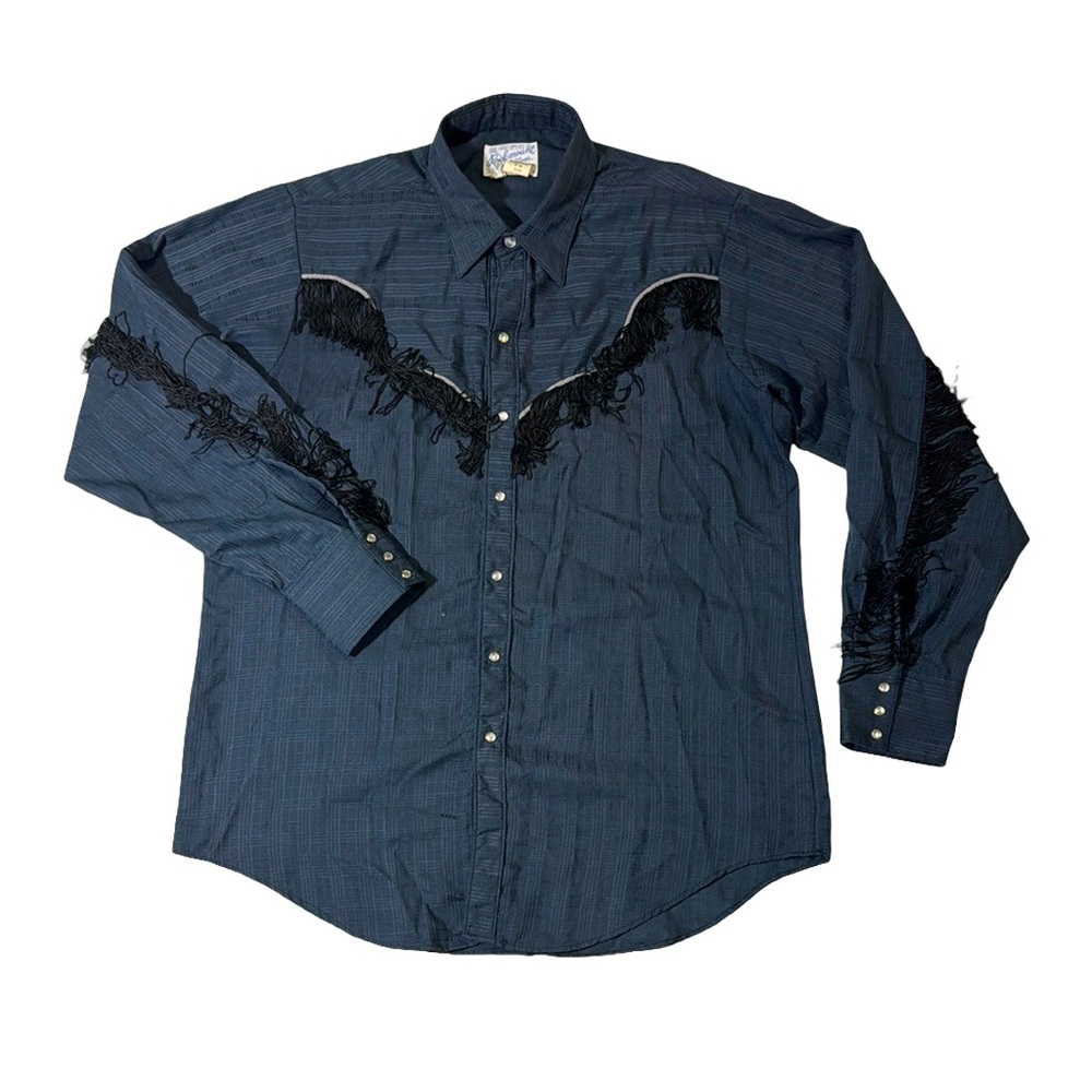 Rockmount mens 17 M dark blue check tassel pearl snap western shirt EUC